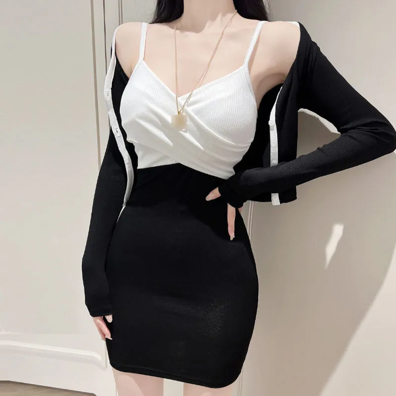 Spring/Summer New Contrast Color Sun Protection Cami Cardigan Dress