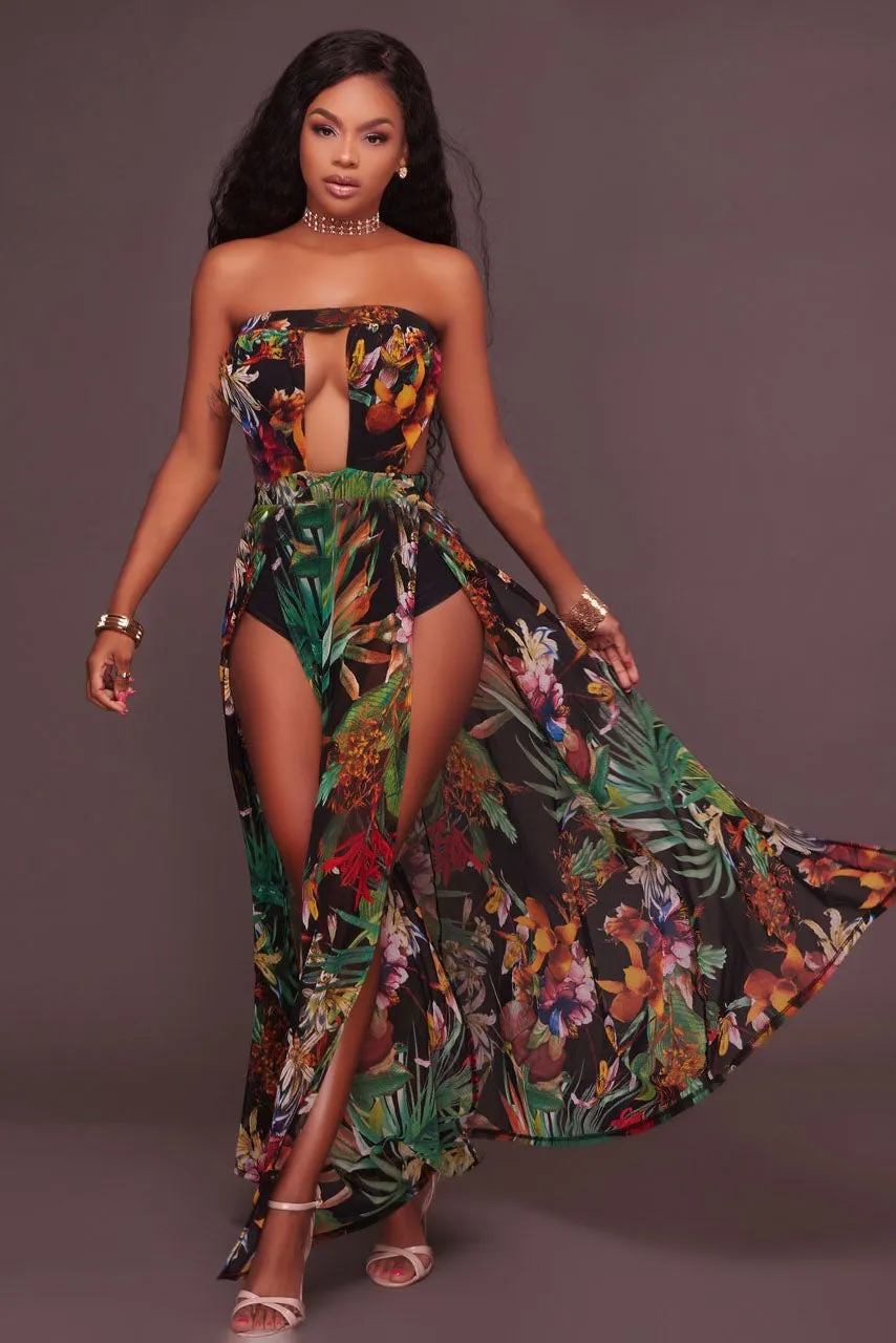 Strapless Backless Cut Out Print Split Long Party Dress
