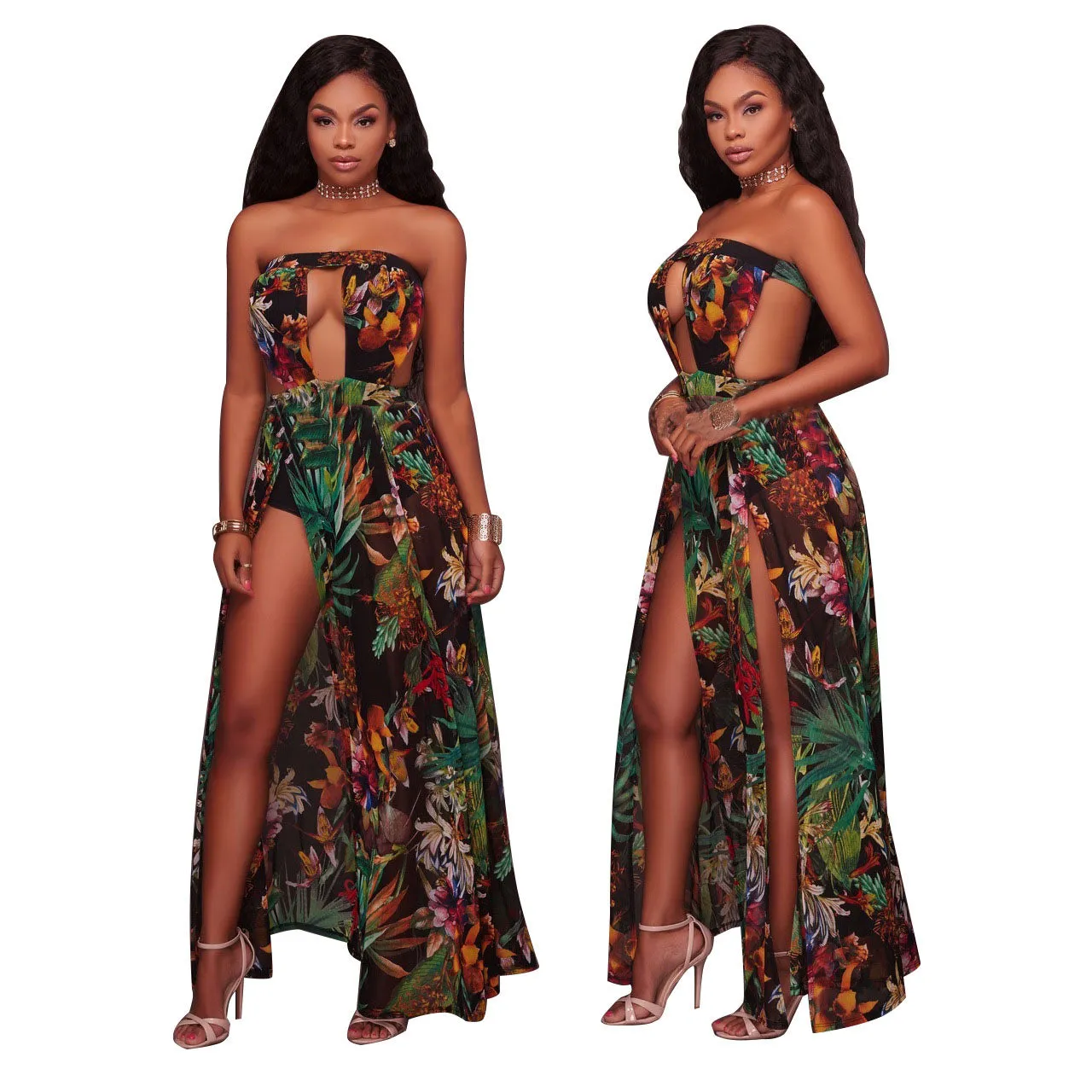 Strapless Backless Cut Out Print Split Long Party Dress