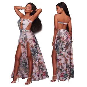 Strapless Backless Cut Out Print Split Long Party Dress