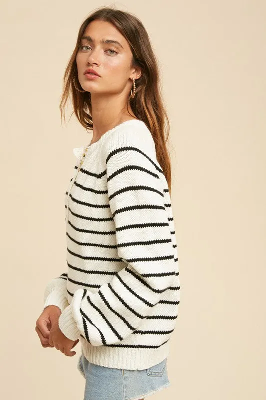 Stripe Balloon Sleeve Sweater (Black/Creme)