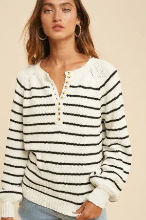 Stripe Balloon Sleeve Sweater (Black/Creme)