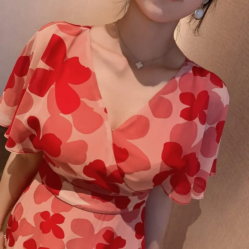 Summer Women's Red High Waist Chiffon Dress