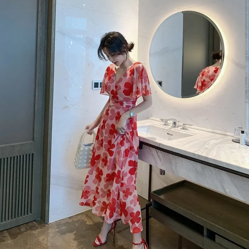 Summer Women's Red High Waist Chiffon Dress
