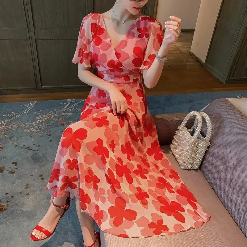 Summer Women's Red High Waist Chiffon Dress