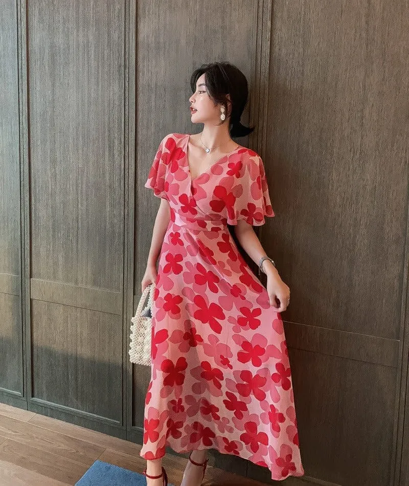 Summer Women's Red High Waist Chiffon Dress