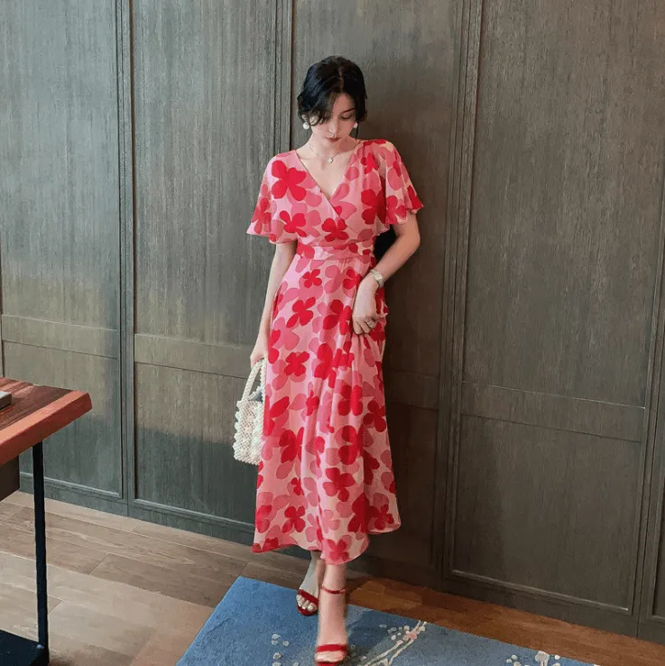 Summer Women's Red High Waist Chiffon Dress