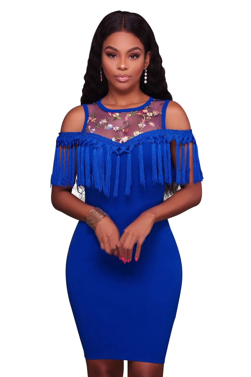 Tassels Flower Embroidery Bear Shoulder Patchwork Short Bodycon Dress