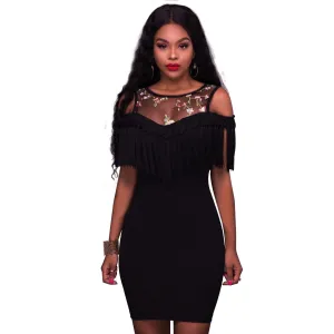 Tassels Flower Embroidery Bear Shoulder Patchwork Short Bodycon Dress