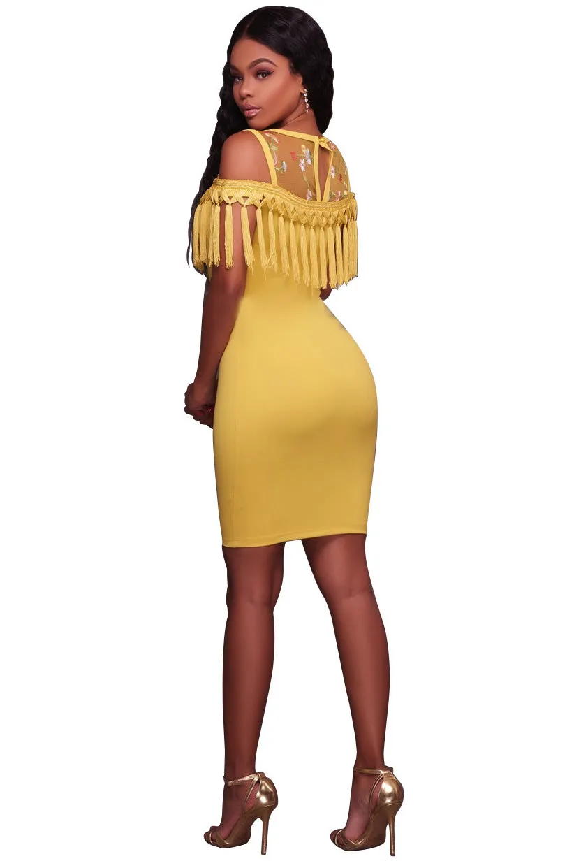 Tassels Flower Embroidery Bear Shoulder Patchwork Short Bodycon Dress