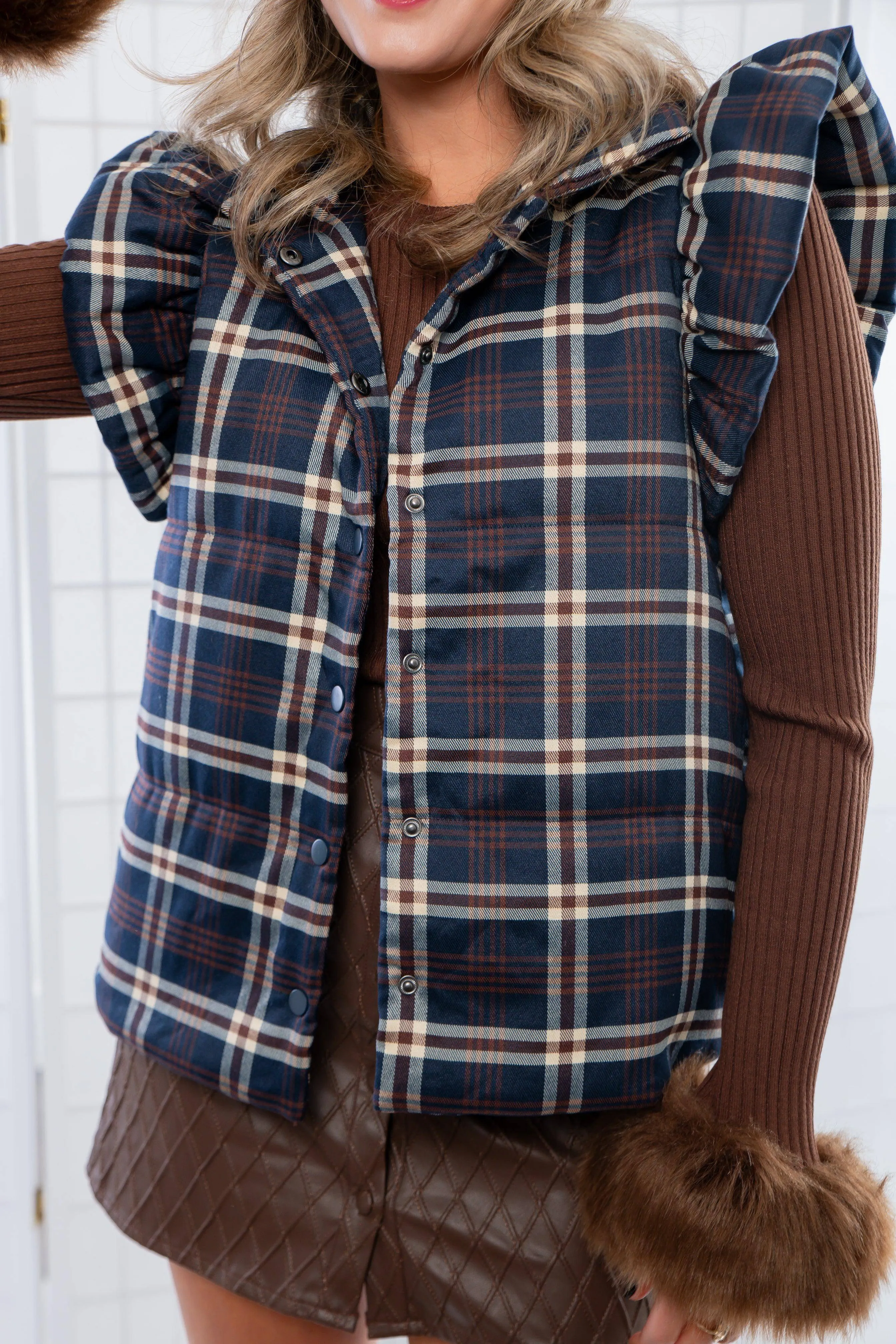 THML Here for Plaid Navy Ruffle Shoulder Plaid Puffer Vest