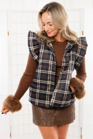 THML Here for Plaid Navy Ruffle Shoulder Plaid Puffer Vest