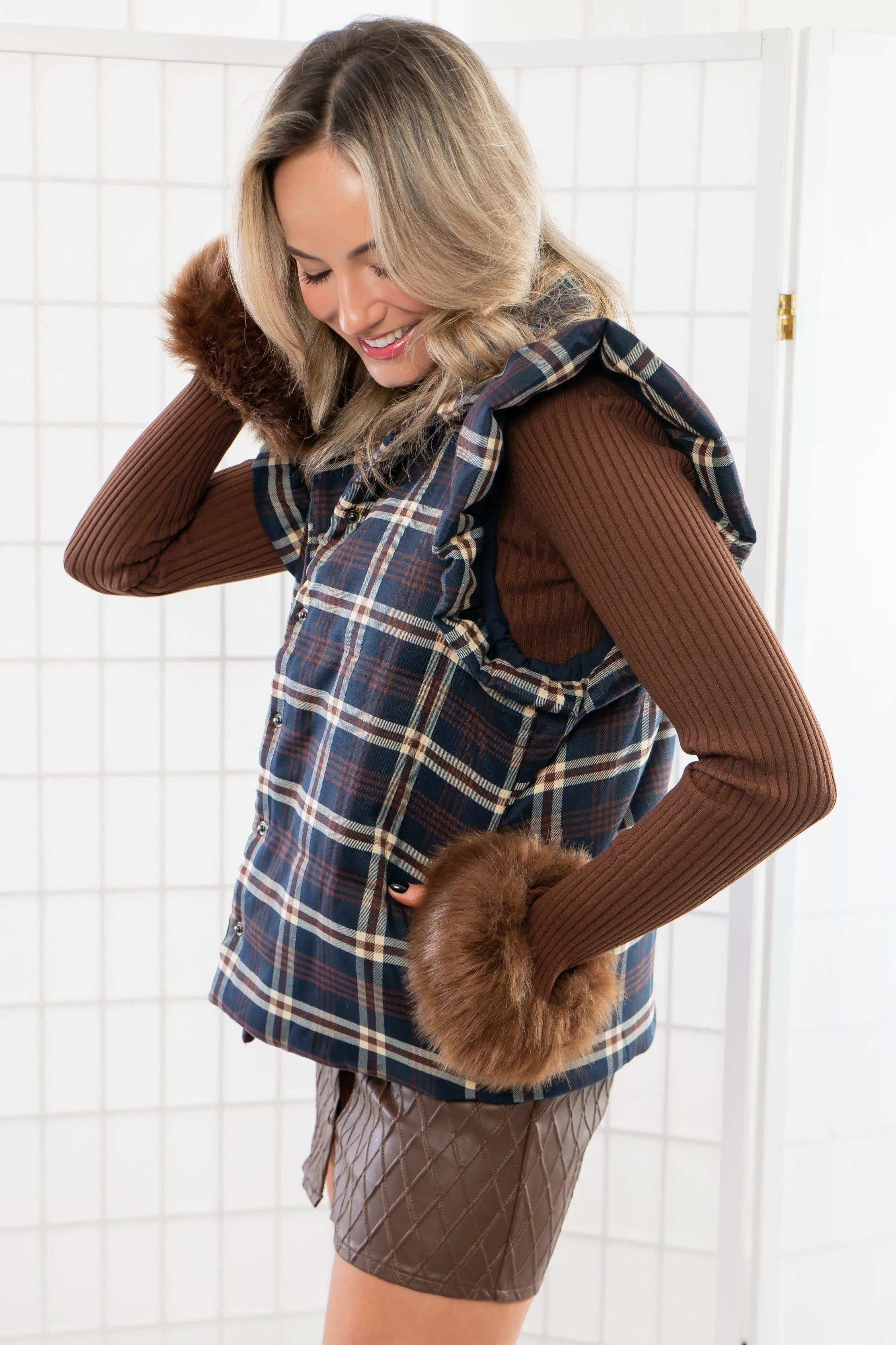 THML Here for Plaid Navy Ruffle Shoulder Plaid Puffer Vest