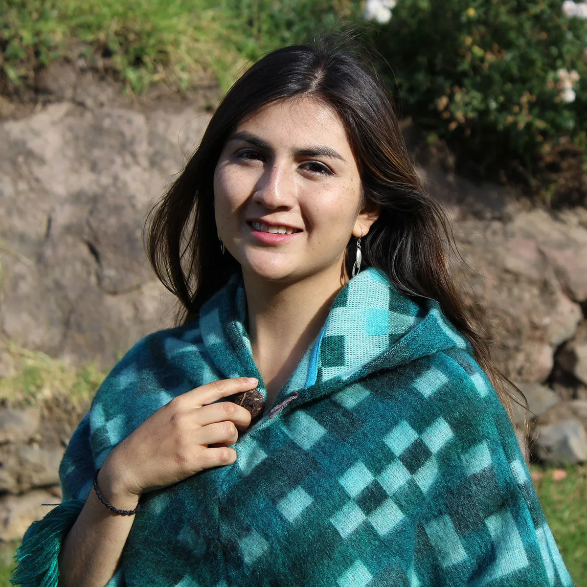Turquoise Tribal Fringe Boho Chic Alpaca Wool Poncho
