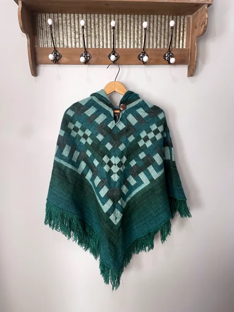 Turquoise Tribal Fringe Boho Chic Alpaca Wool Poncho