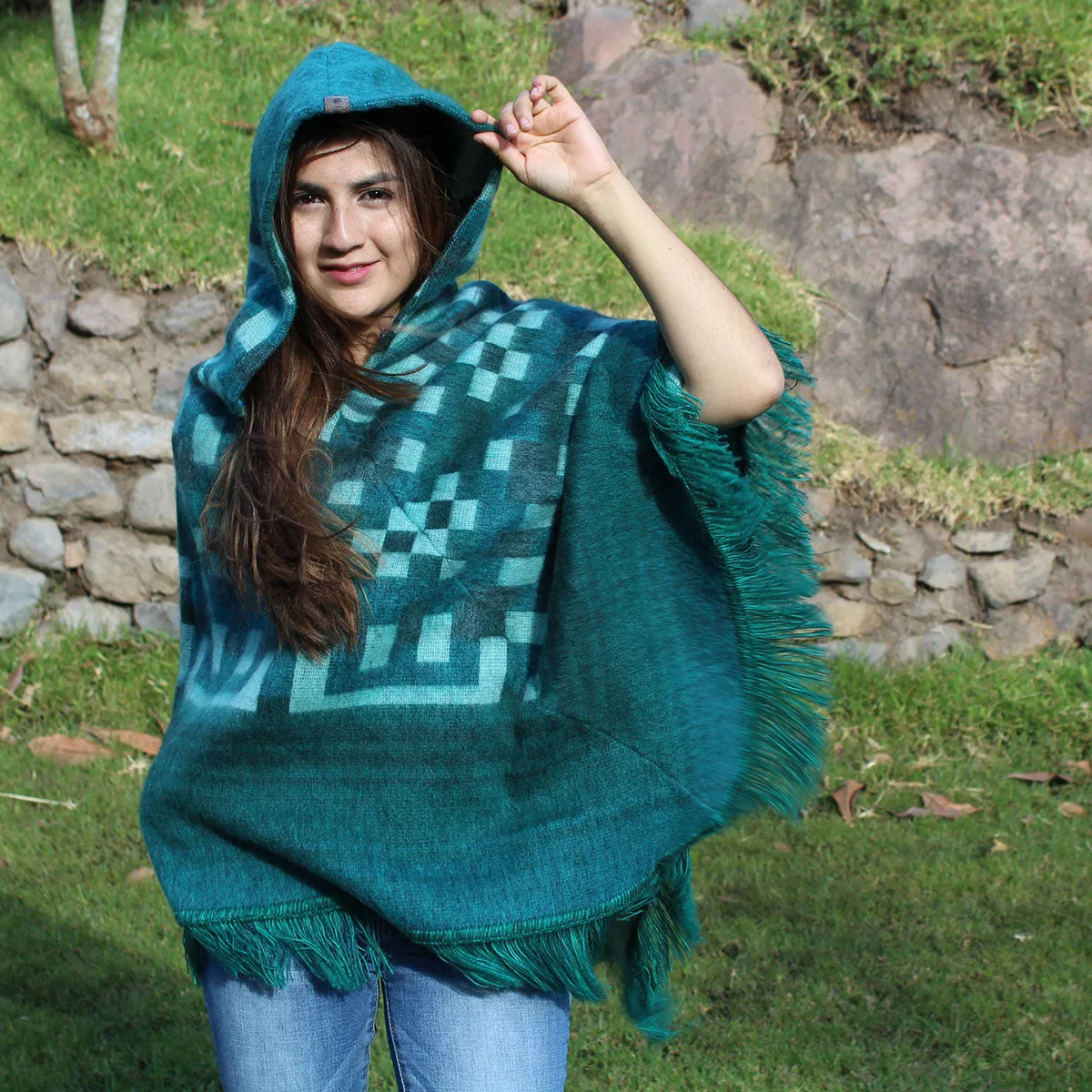 Turquoise Tribal Fringe Boho Chic Alpaca Wool Poncho