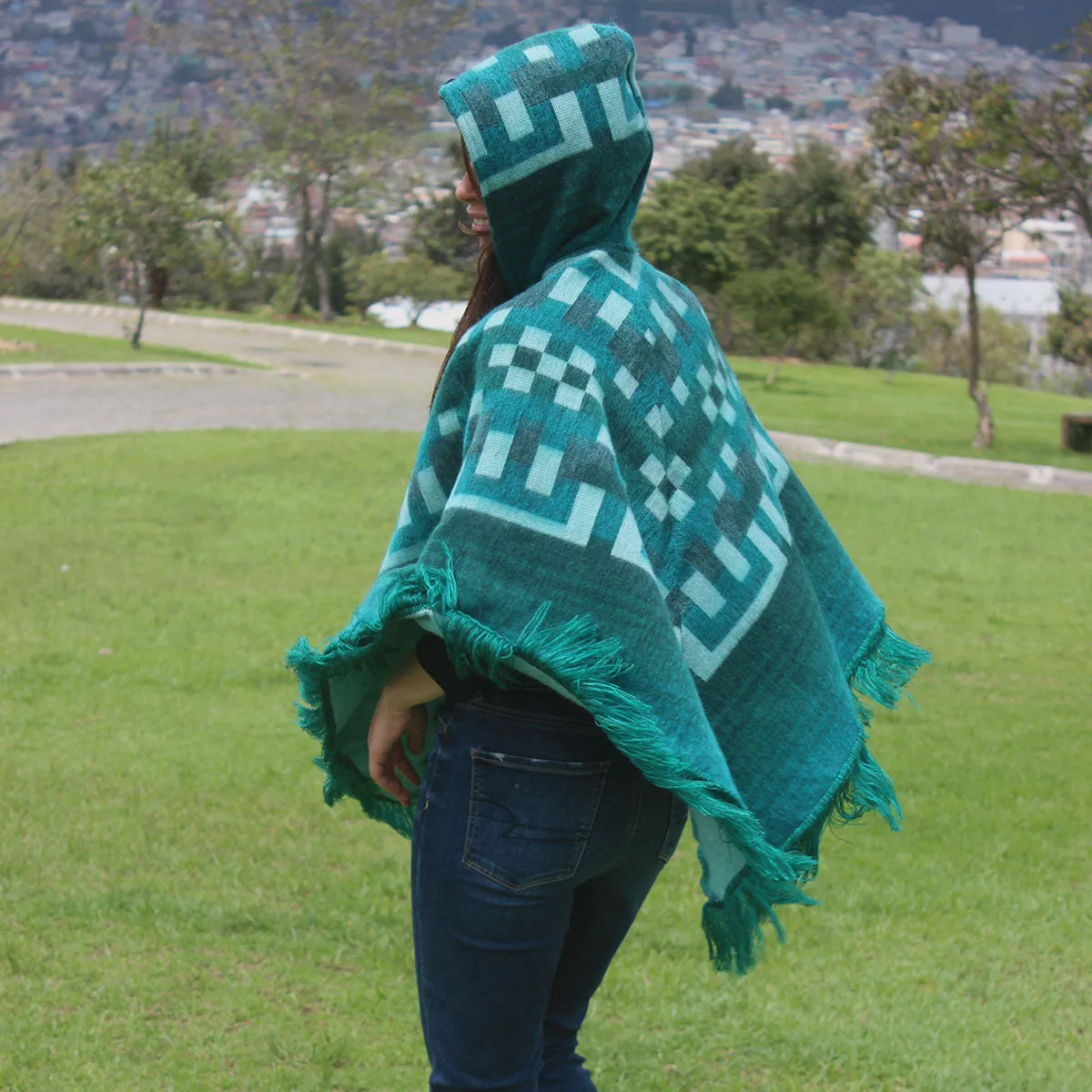 Turquoise Tribal Fringe Boho Chic Alpaca Wool Poncho