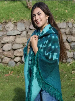 Turquoise Tribal Fringe Boho Chic Alpaca Wool Poncho