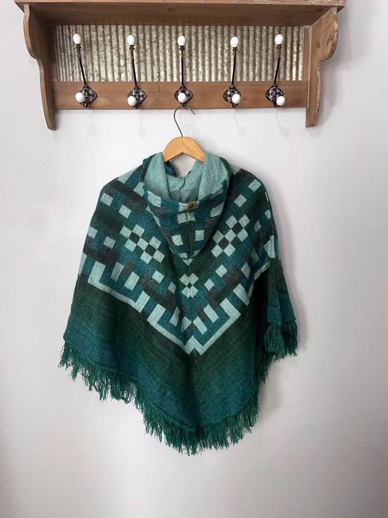 Turquoise Tribal Fringe Boho Chic Alpaca Wool Poncho