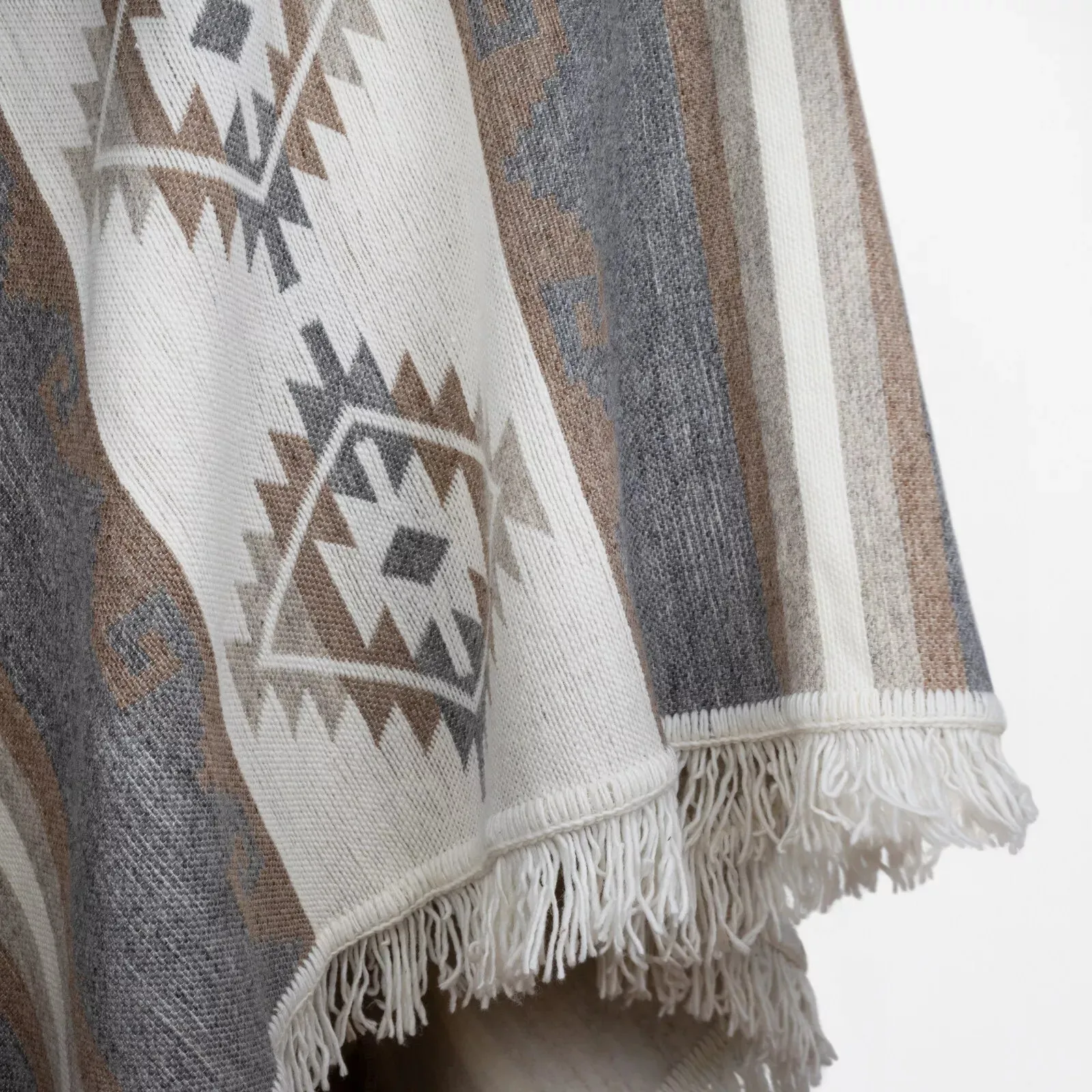 Urkukilla - Llama Wool Unisex V-Shaped S. American Handwoven Thick Hooded Poncho - Andean pattern - gray/earth tones