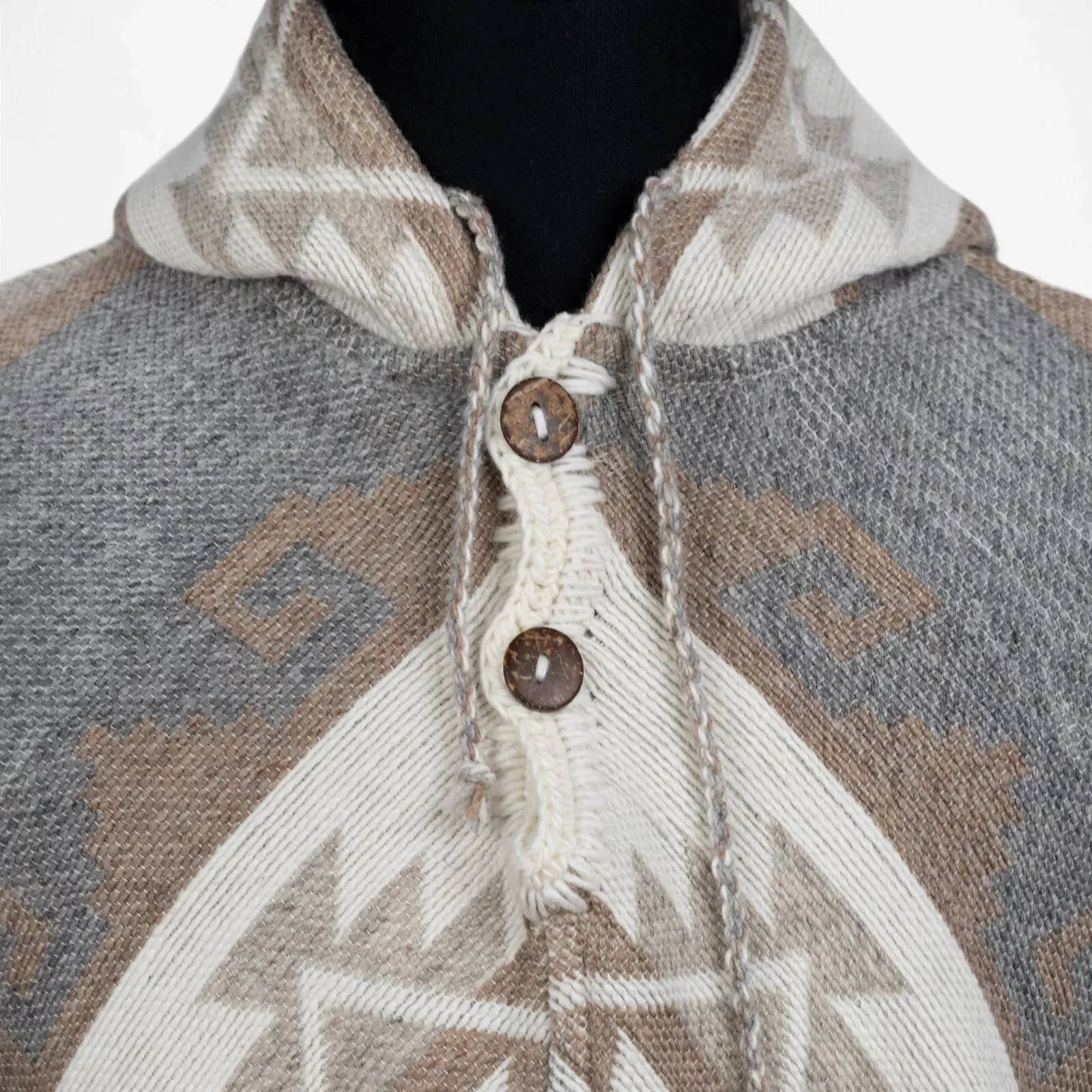 Urkukilla - Llama Wool Unisex V-Shaped S. American Handwoven Thick Hooded Poncho - Andean pattern - gray/earth tones