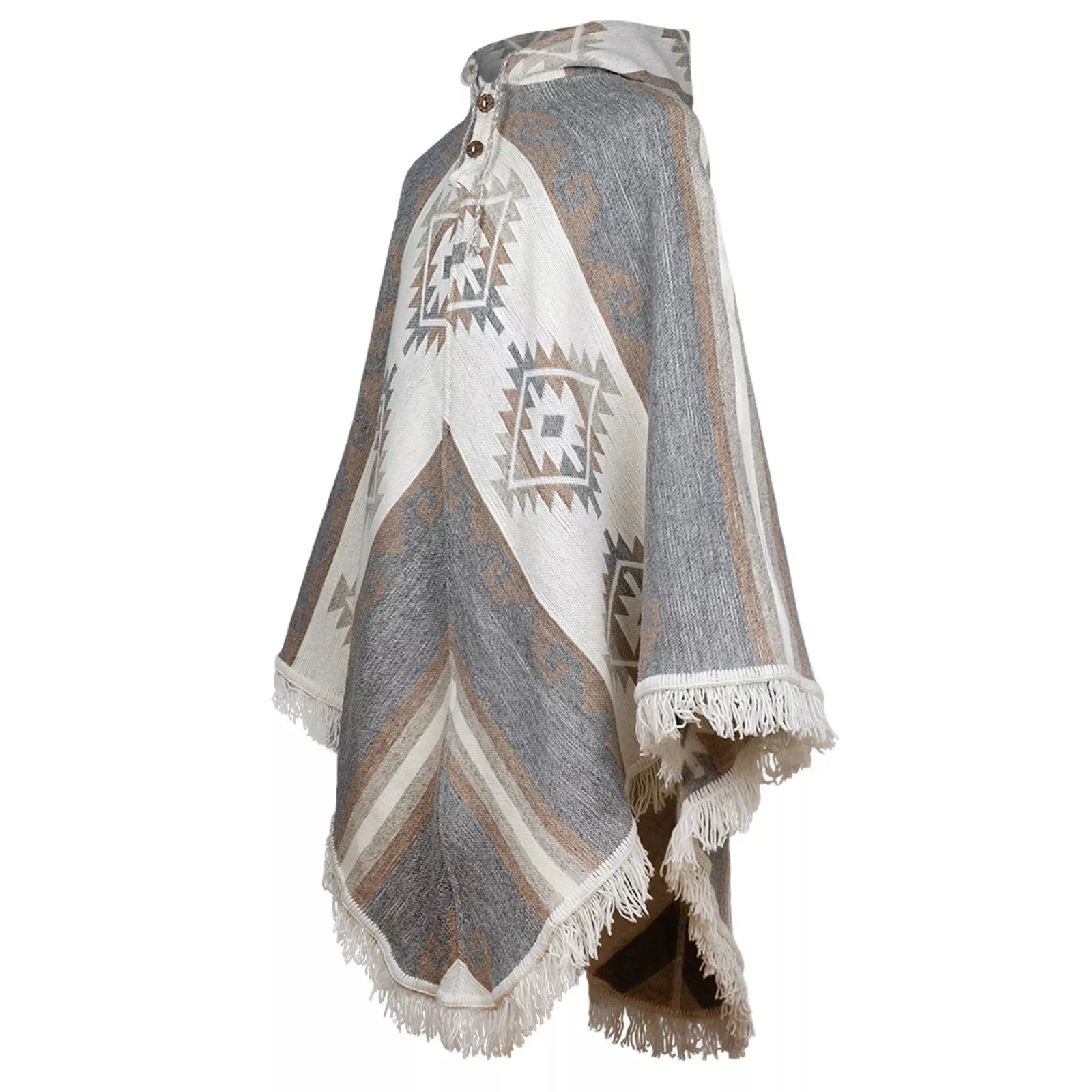 Urkukilla - Llama Wool Unisex V-Shaped S. American Handwoven Thick Hooded Poncho - Andean pattern - gray/earth tones