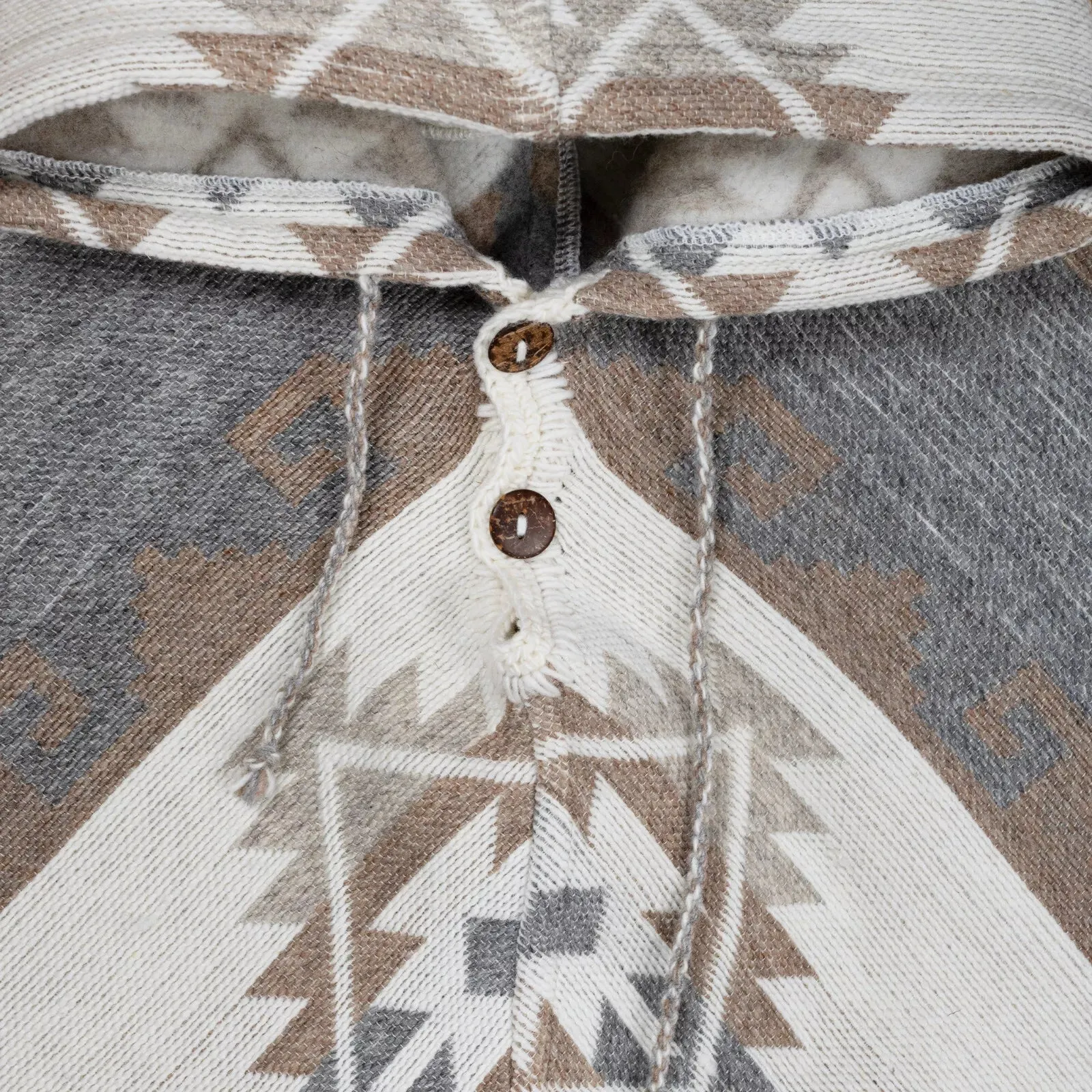 Urkukilla - Llama Wool Unisex V-Shaped S. American Handwoven Thick Hooded Poncho - Andean pattern - gray/earth tones