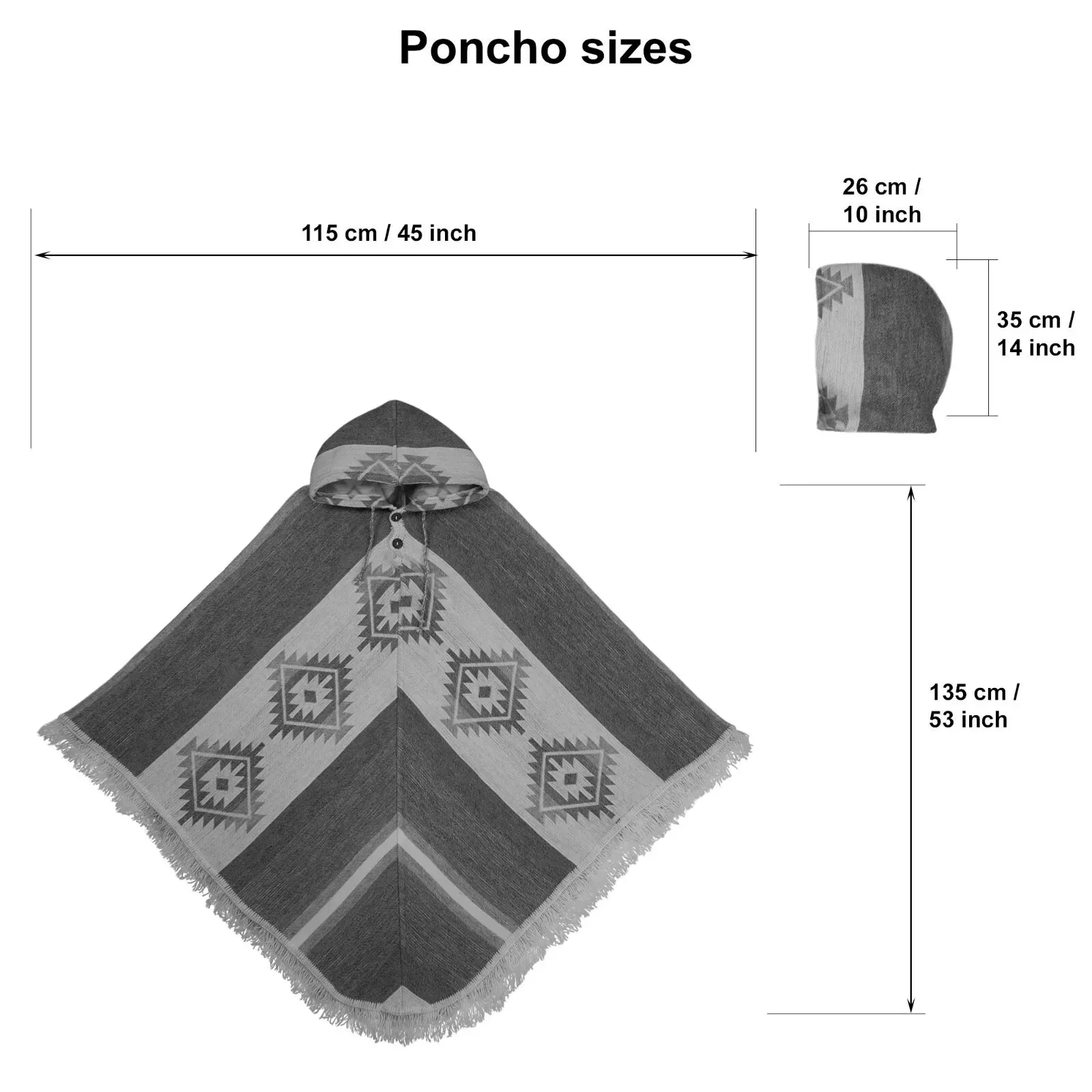 Urkukilla - Llama Wool Unisex V-Shaped S. American Handwoven Thick Hooded Poncho - Andean pattern - gray/earth tones