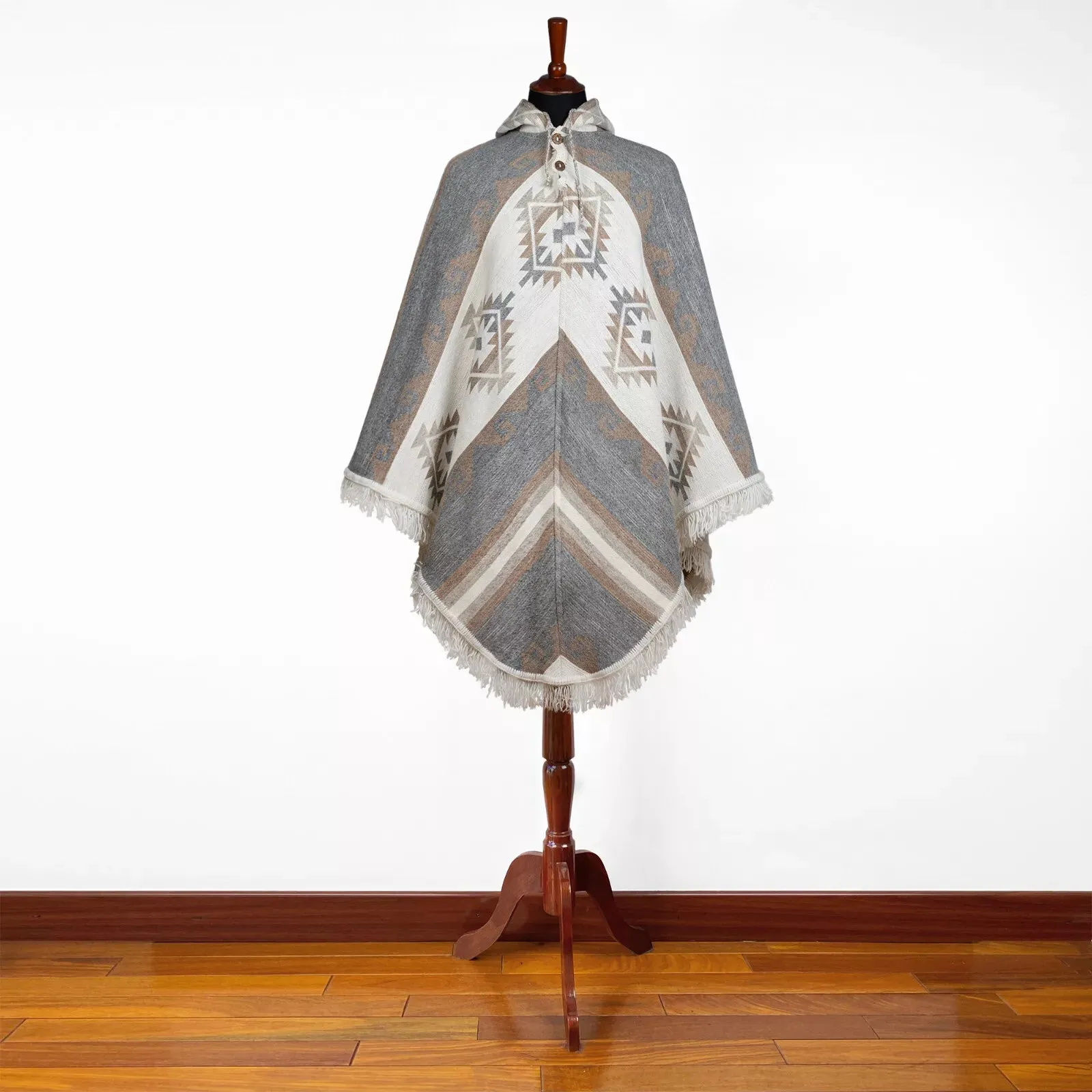 Urkukilla - Llama Wool Unisex V-Shaped S. American Handwoven Thick Hooded Poncho - Andean pattern - gray/earth tones