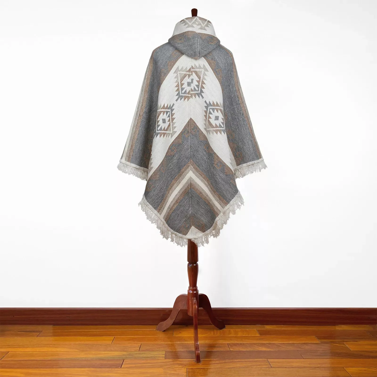 Urkukilla - Llama Wool Unisex V-Shaped S. American Handwoven Thick Hooded Poncho - Andean pattern - gray/earth tones