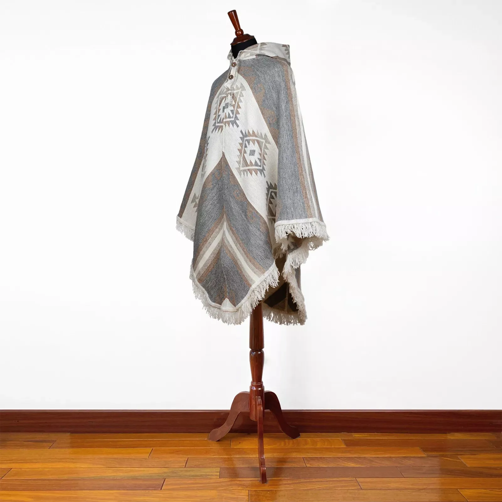 Urkukilla - Llama Wool Unisex V-Shaped S. American Handwoven Thick Hooded Poncho - Andean pattern - gray/earth tones