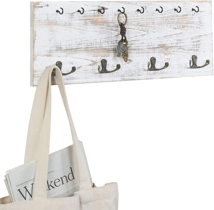 Vintage Whitewashed Wood Wall Mounted Coat Hook and Key Holder Rack