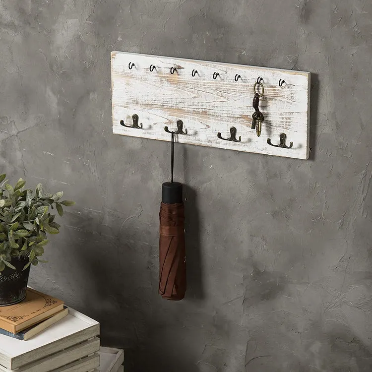 Vintage Whitewashed Wood Wall Mounted Coat Hook and Key Holder Rack