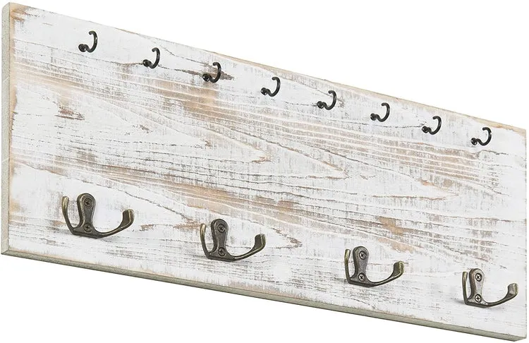 Vintage Whitewashed Wood Wall Mounted Coat Hook and Key Holder Rack