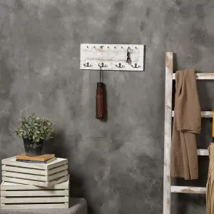 Vintage Whitewashed Wood Wall Mounted Coat Hook and Key Holder Rack