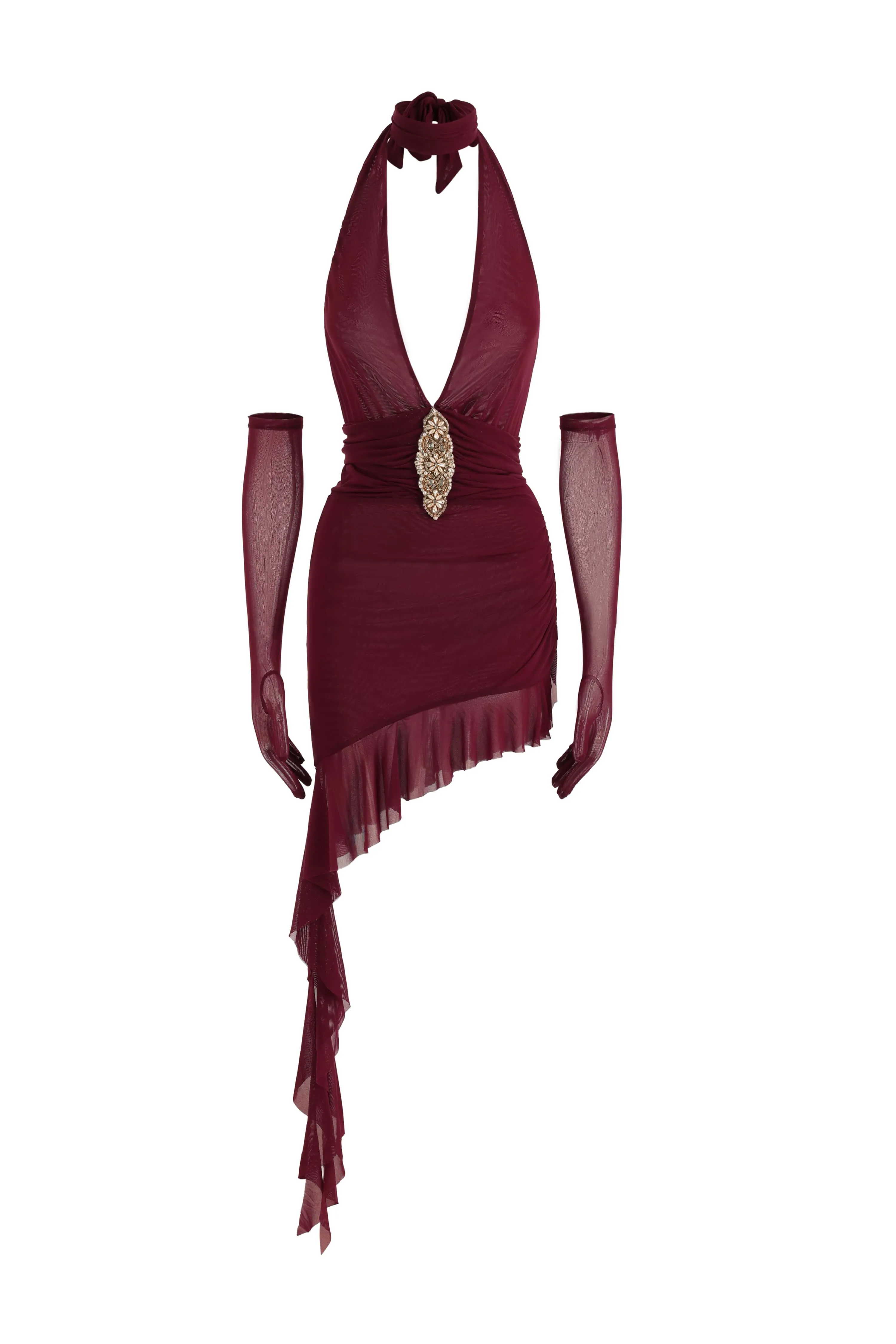 Waist Diamond Halter Tie Mini Dress with Sleeve Covers in Red Wine