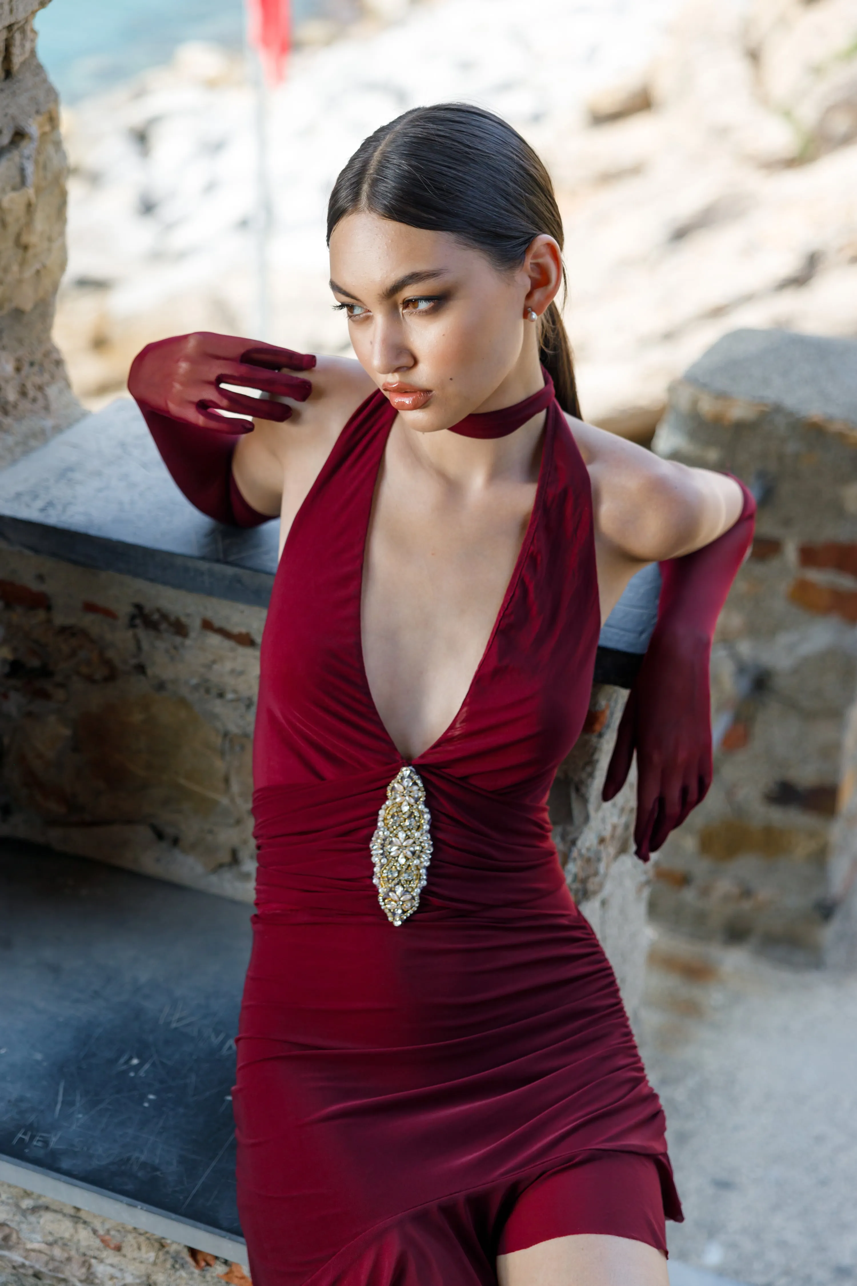 Waist Diamond Halter Tie Mini Dress with Sleeve Covers in Red Wine