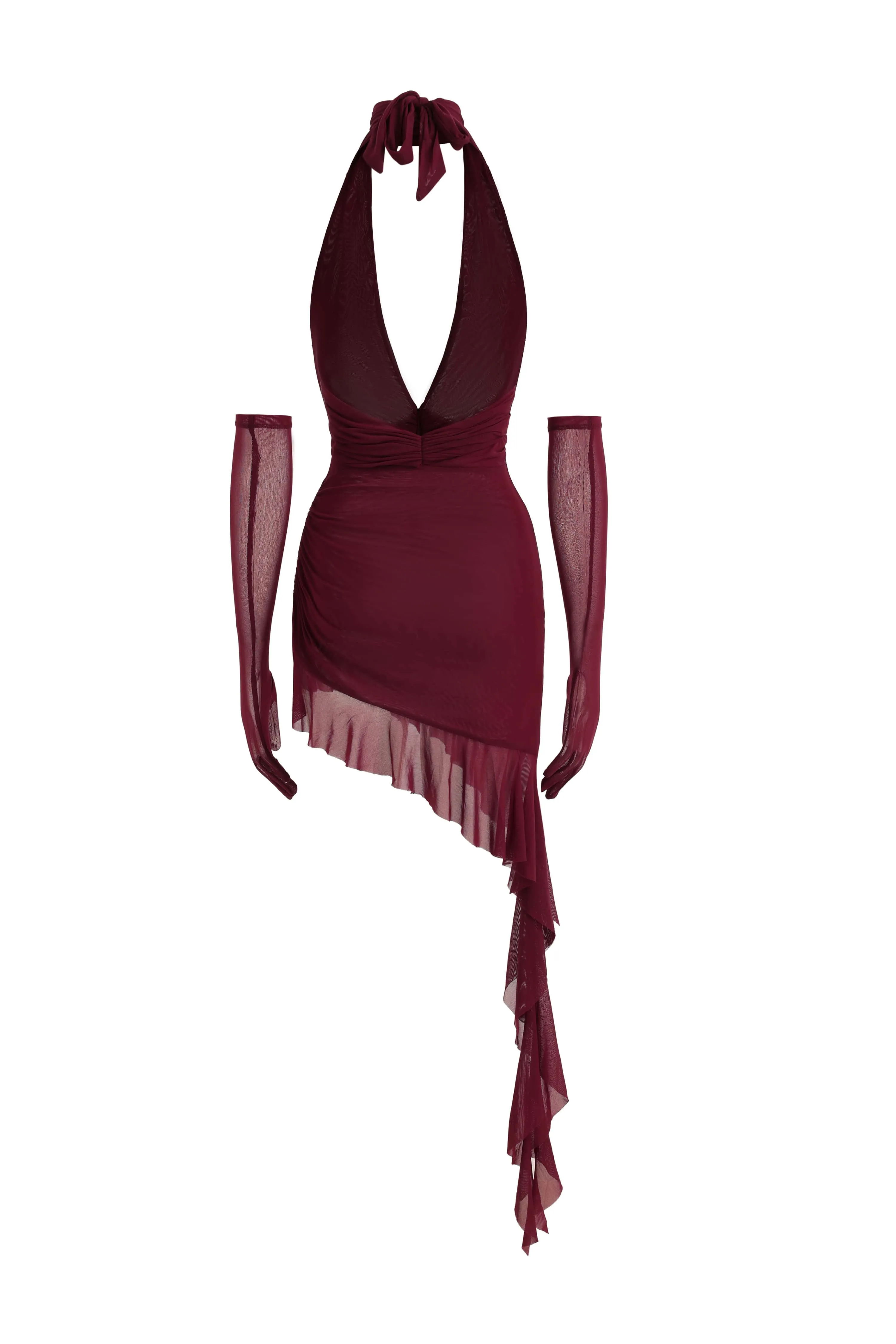 Waist Diamond Halter Tie Mini Dress with Sleeve Covers in Red Wine