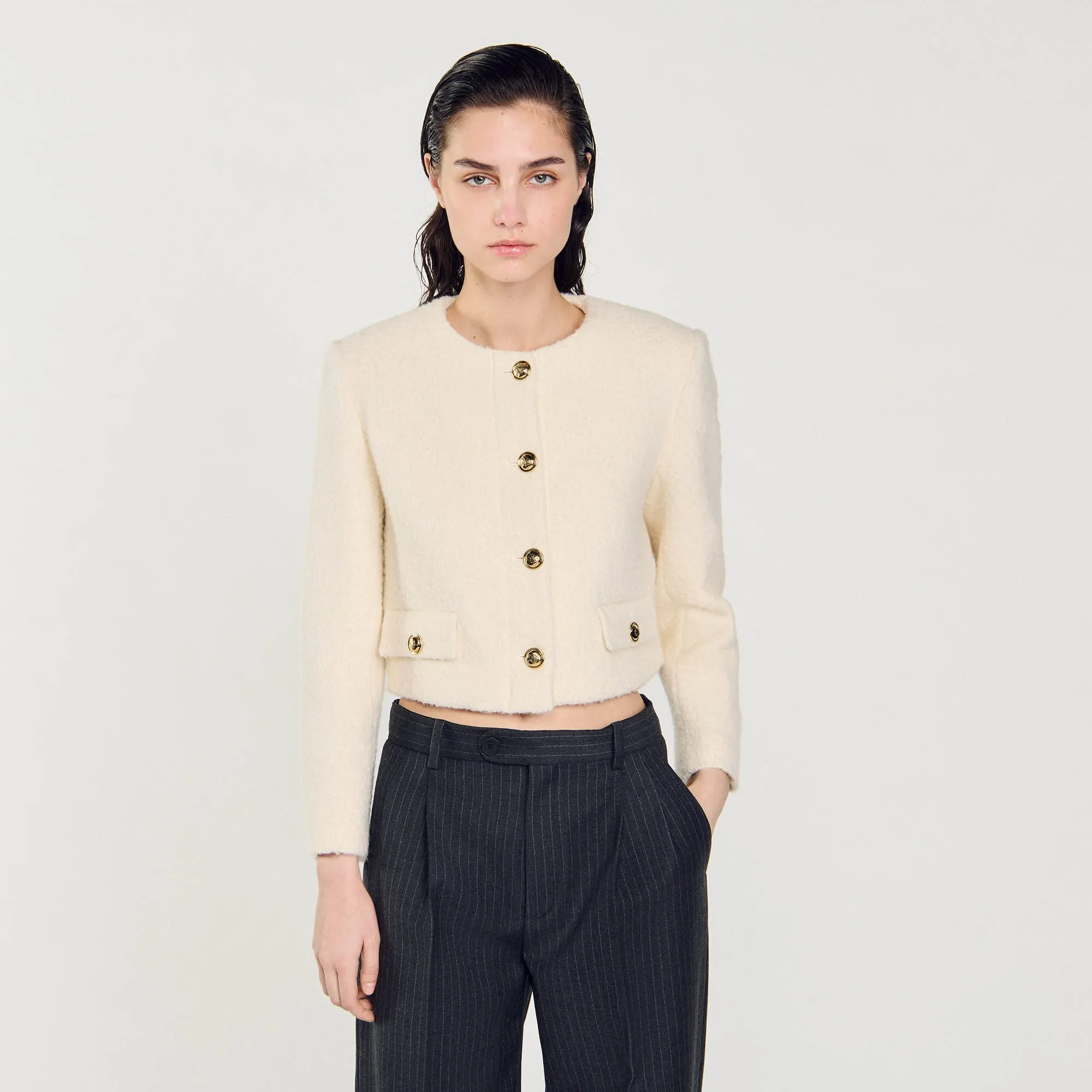 Walle Cropped Boucl Wool Jacket White
