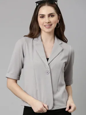 Women Grey Notched Lapel Single-Breasted Blazer