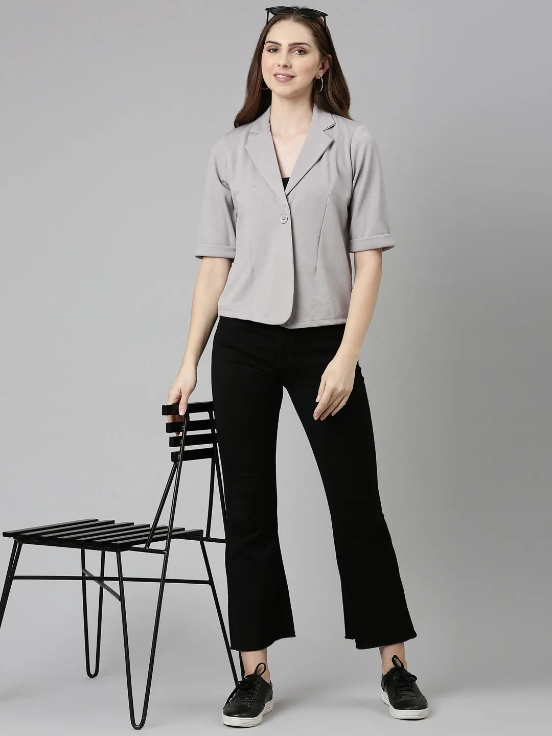 Women Grey Notched Lapel Single-Breasted Blazer