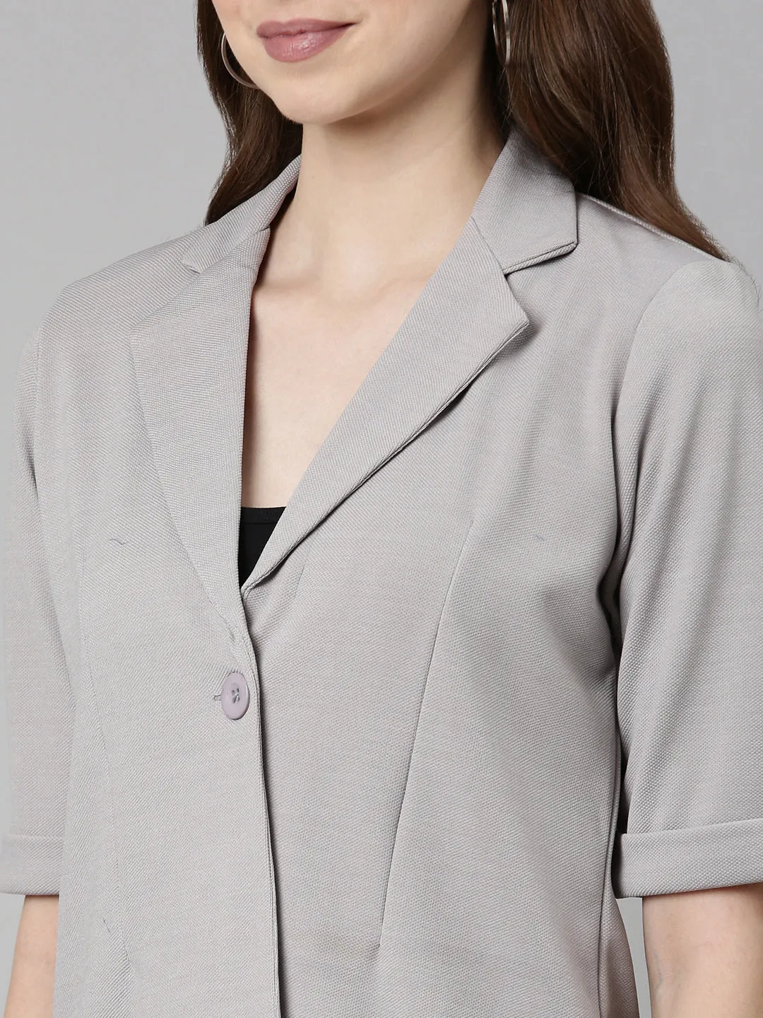 Women Grey Notched Lapel Single-Breasted Blazer