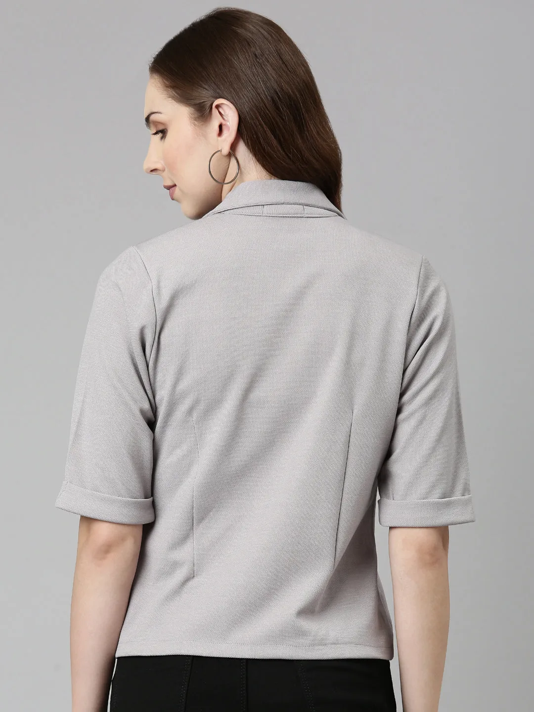 Women Grey Notched Lapel Single-Breasted Blazer