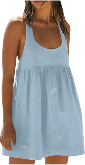 Womens Babydoll Tank Dress Scoop Neck Sleeveless Mini Dresses Summer Trendy Casual Loose Flowy Vacation Dress