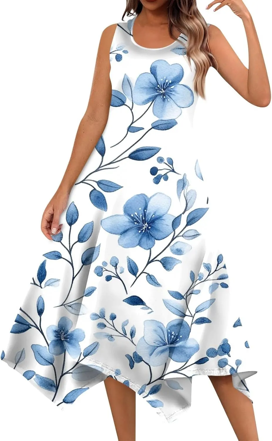 Womens Dresses Spring Sleeveless Pretty Flowy Crewneck Beautiful Party Loose Short Dress
