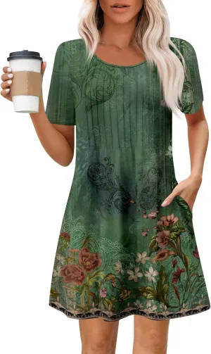 Women's Summer Dresses Loose Beach Vacation Casual Sundress with Pocket Short Sleeve Shirt Dress