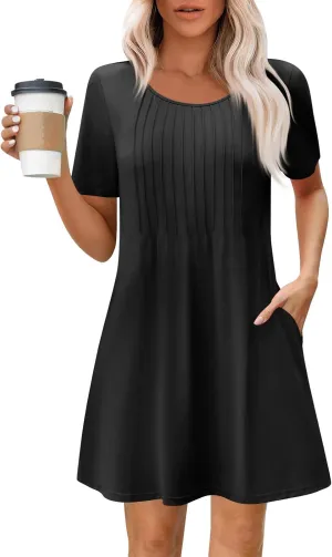 Women's Summer Dresses Loose Beach Vacation Casual Sundress with Pocket Short Sleeve Shirt Dress