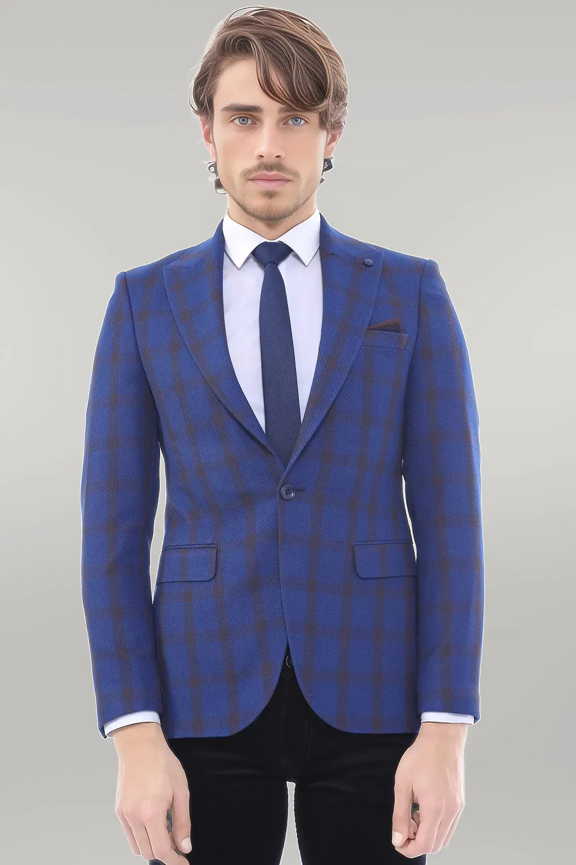 WSS Double Breasted Pointed Collar Plaid Bast Blue Jacket- - Singen