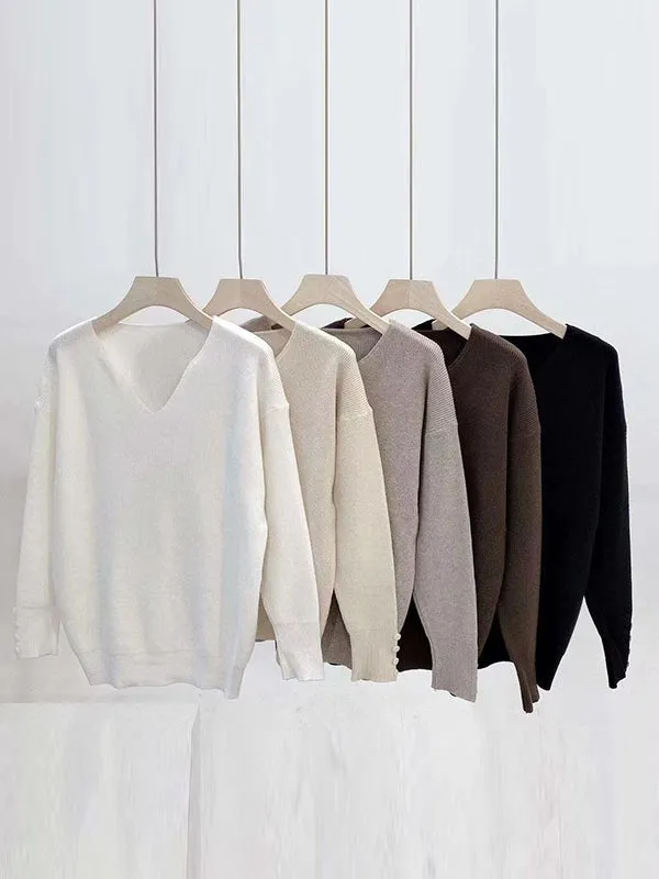 xakxx Casual Loose Long Sleeves Solid Color V-Neck Sweater Tops