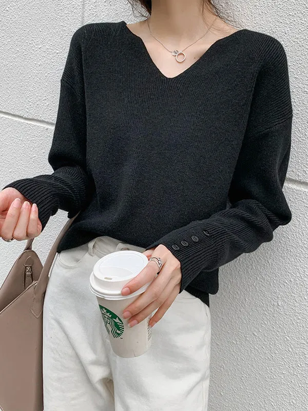 xakxx Casual Loose Long Sleeves Solid Color V-Neck Sweater Tops